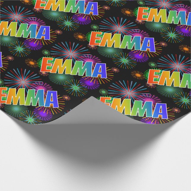 Rainbow First Name "EMMA" + Fireworks Wrapping Paper (Corner)