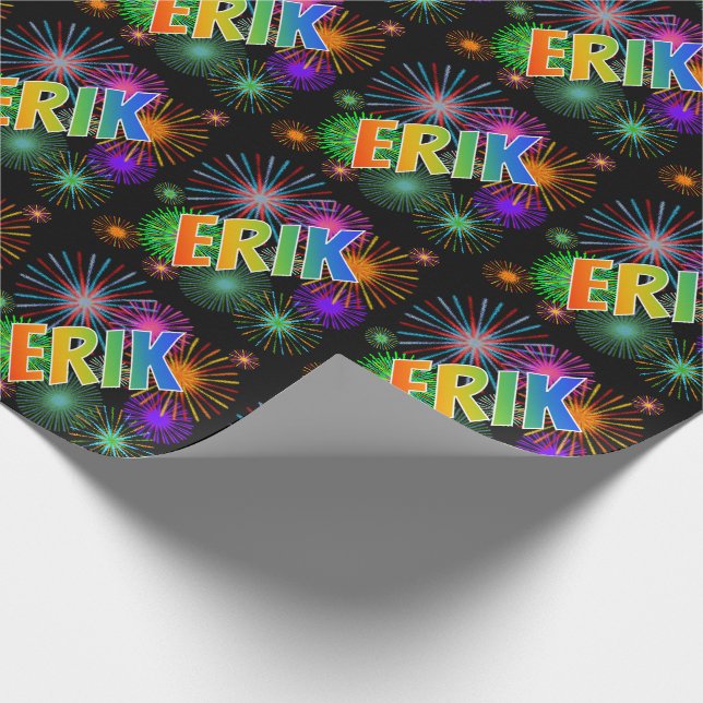 Rainbow First Name "ERIK" + Fireworks Wrapping Paper (Corner)