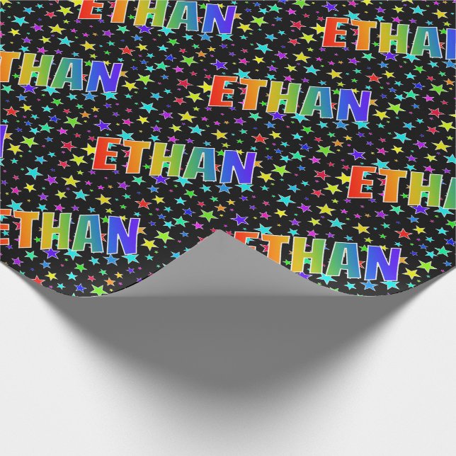 Rainbow First Name "ETHAN" + Stars Wrapping Paper (Corner)