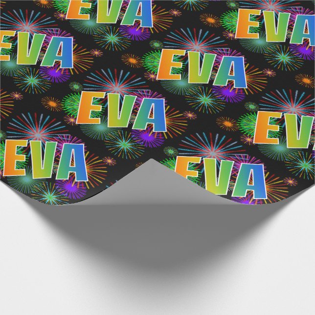 Rainbow First Name "EVA" + Fireworks Wrapping Paper (Corner)