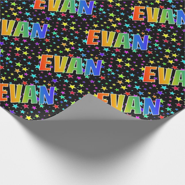 Rainbow First Name "EVAN" + Stars Wrapping Paper (Corner)