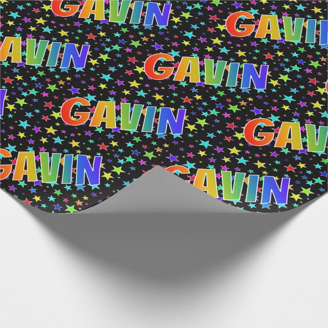 Rainbow First Name "GAVIN" + Stars Wrapping Paper (Corner)
