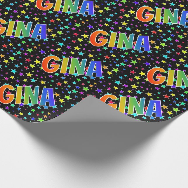 Rainbow First Name "GINA" + Stars Wrapping Paper (Corner)