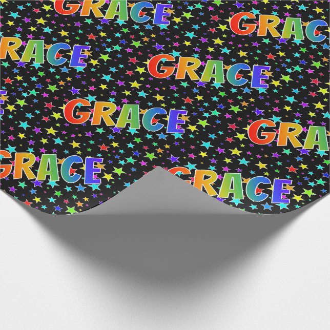 Rainbow First Name "GRACE" + Stars Wrapping Paper (Corner)