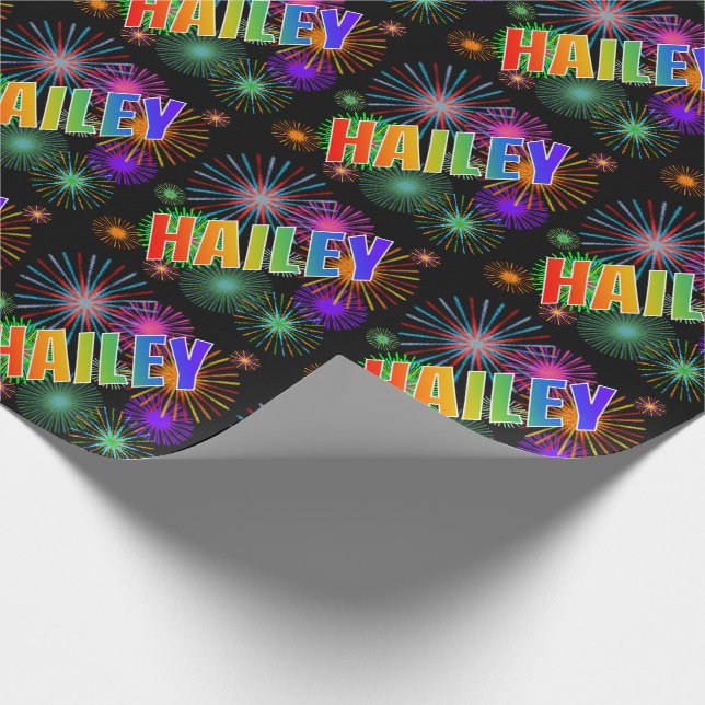 Rainbow First Name "HAILEY" + Fireworks Wrapping Paper (Corner)