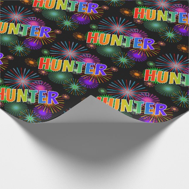 Rainbow First Name "HUNTER" + Fireworks Wrapping Paper (Corner)