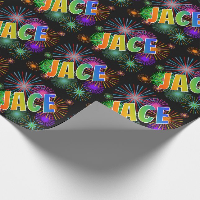 Rainbow First Name "JACE" + Fireworks Wrapping Paper (Corner)