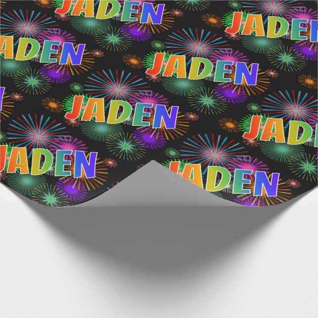 Rainbow First Name "JADEN" + Fireworks Wrapping Paper (Corner)