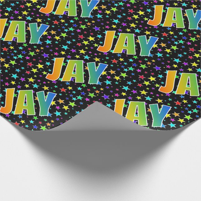 Rainbow First Name "JAY" + Stars Wrapping Paper (Corner)