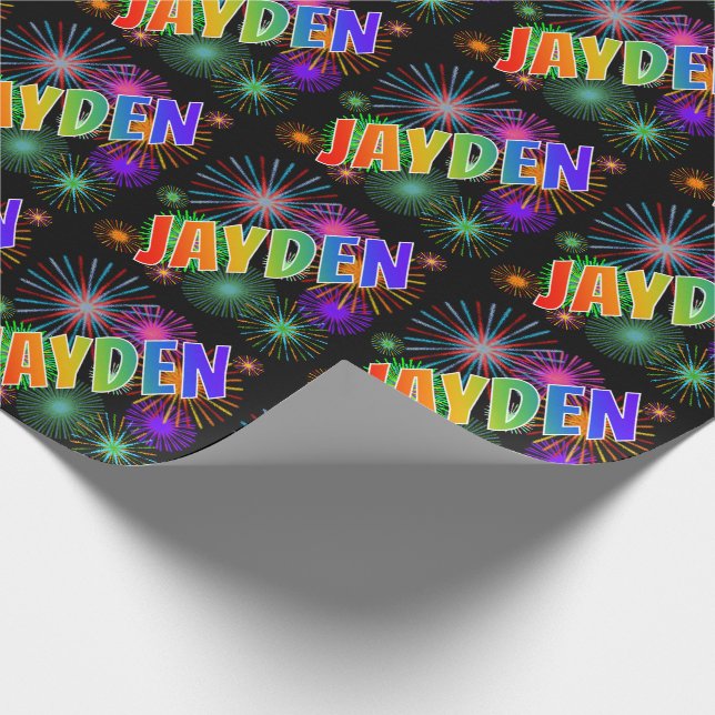 Rainbow First Name "JAYDEN" + Fireworks Wrapping Paper (Corner)