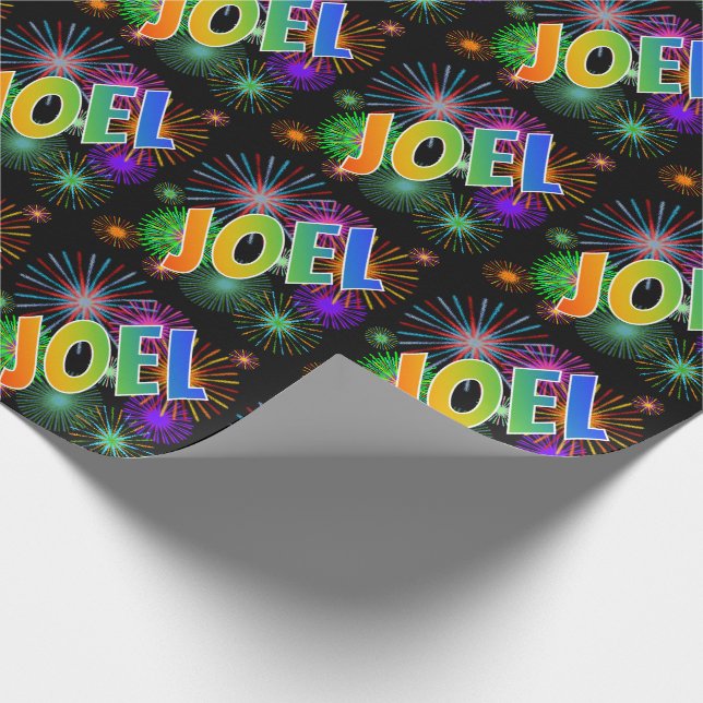 Rainbow First Name "JOEL" + Fireworks Wrapping Paper (Corner)