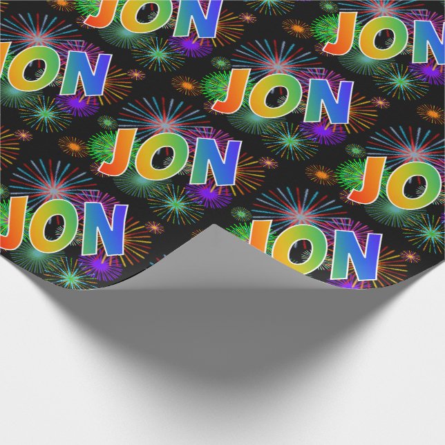 Rainbow First Name "JON" + Fireworks Wrapping Paper (Corner)