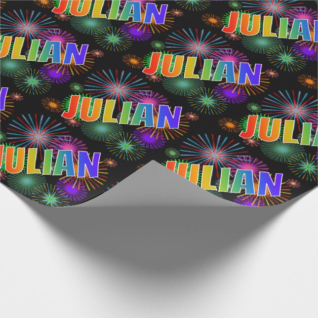 Rainbow First Name "JULIAN" + Fireworks Wrapping Paper (Corner)