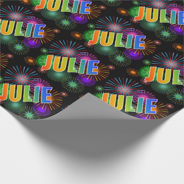 Rainbow First Name "JULIE" + Fireworks Wrapping Paper (Corner)