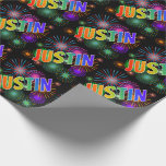 [ Thumbnail: Rainbow First Name "Justin" + Fireworks Wrapping Paper ]