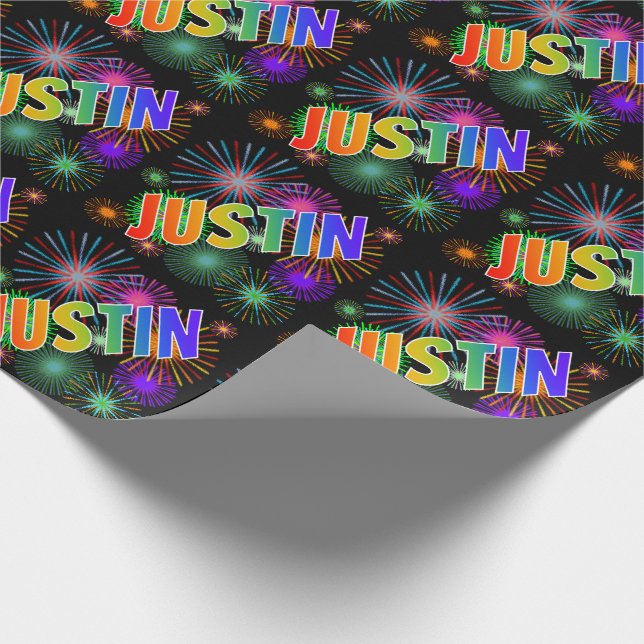 Rainbow First Name "JUSTIN" + Fireworks Wrapping Paper (Corner)