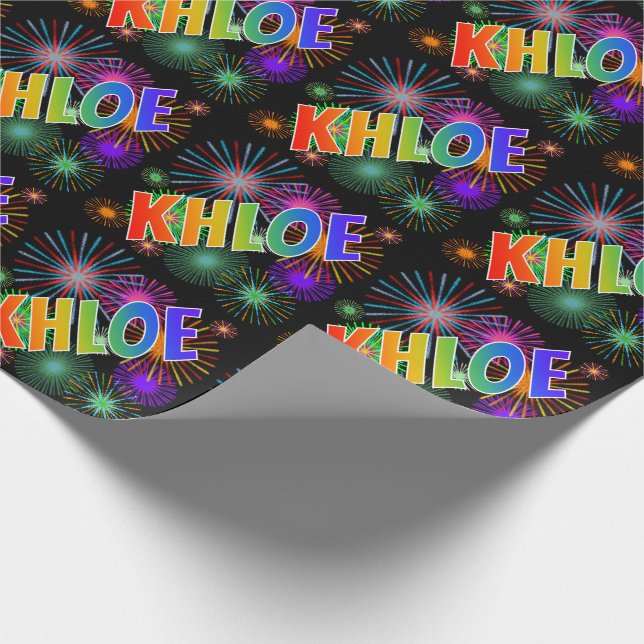 Rainbow First Name "KHLOE" + Fireworks Wrapping Paper (Corner)
