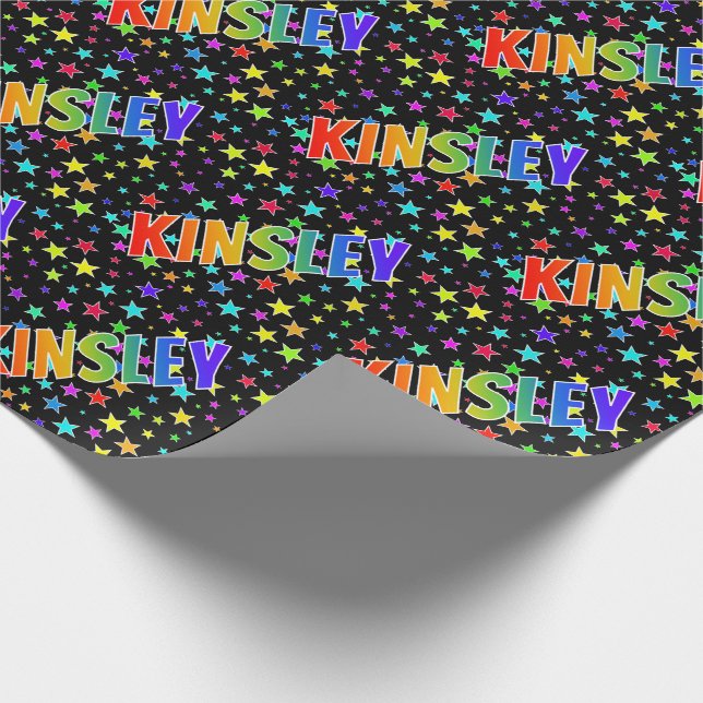 Rainbow First Name "KINSLEY" + Stars Wrapping Paper (Corner)