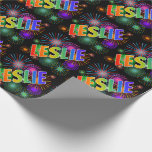 [ Thumbnail: Rainbow First Name "Leslie" + Fireworks Wrapping Paper ]