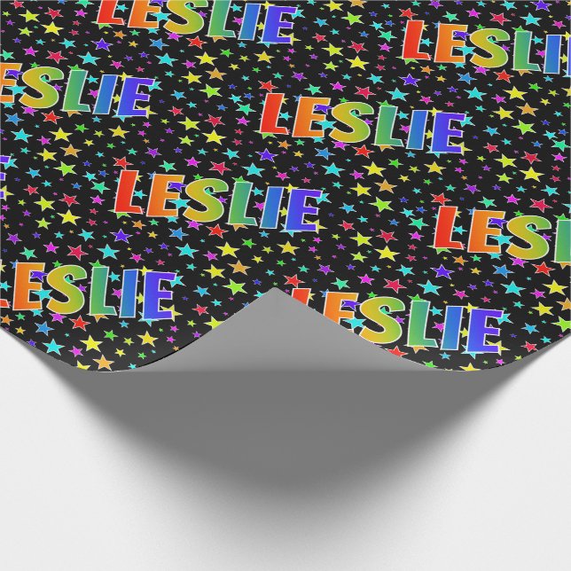 Rainbow First Name "LESLIE" + Stars Wrapping Paper (Corner)