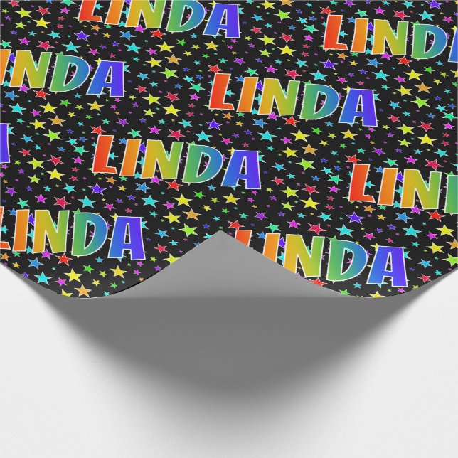 Rainbow First Name "LINDA" + Stars Wrapping Paper (Corner)
