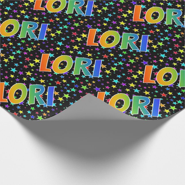 Rainbow First Name "LORI" + Stars Wrapping Paper (Corner)