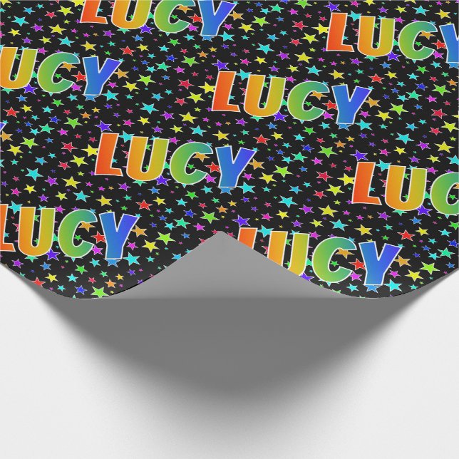 Rainbow First Name "LUCY" + Stars Wrapping Paper (Corner)