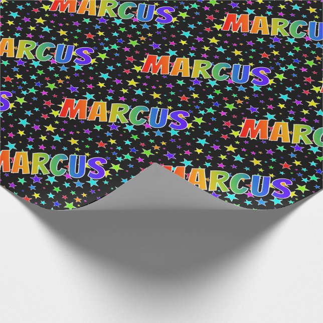 Rainbow First Name "MARCUS" + Stars Wrapping Paper (Corner)