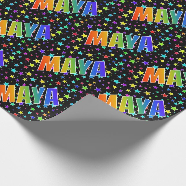 Rainbow First Name "MAYA" + Stars Wrapping Paper (Corner)