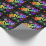 [ Thumbnail: Rainbow First Name "Megan" + Fireworks Wrapping Paper ]