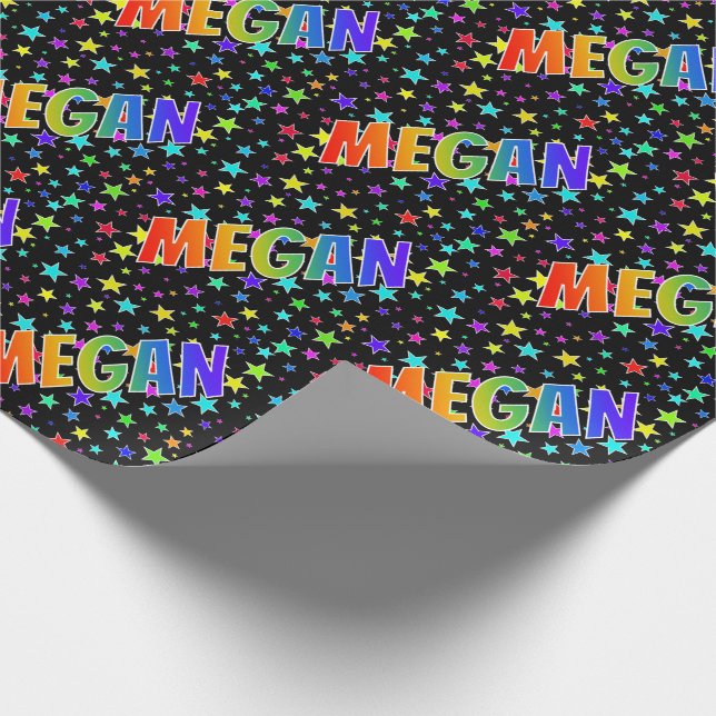 Rainbow First Name "MEGAN" + Stars Wrapping Paper (Corner)