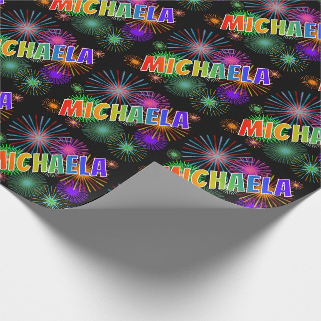 Rainbow First Name "MICHAELA" + Fireworks Wrapping Paper (Corner)