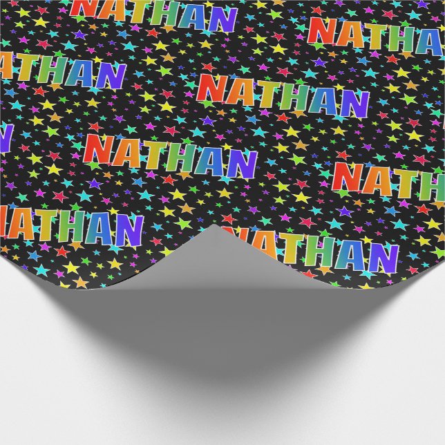 Rainbow First Name "NATHAN" + Stars Wrapping Paper (Corner)
