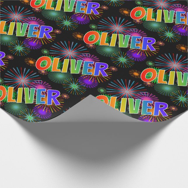 Rainbow First Name "OLIVER" + Fireworks Wrapping Paper (Corner)