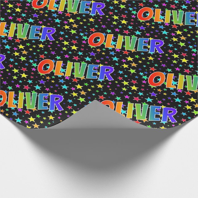 Rainbow First Name "OLIVER" + Stars Wrapping Paper (Corner)