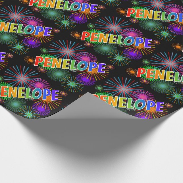 Rainbow First Name "PENELOPE" + Fireworks Wrapping Paper (Corner)