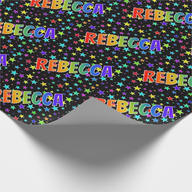 Rainbow First Name "REBECCA" + Stars Wrapping Paper (Corner)