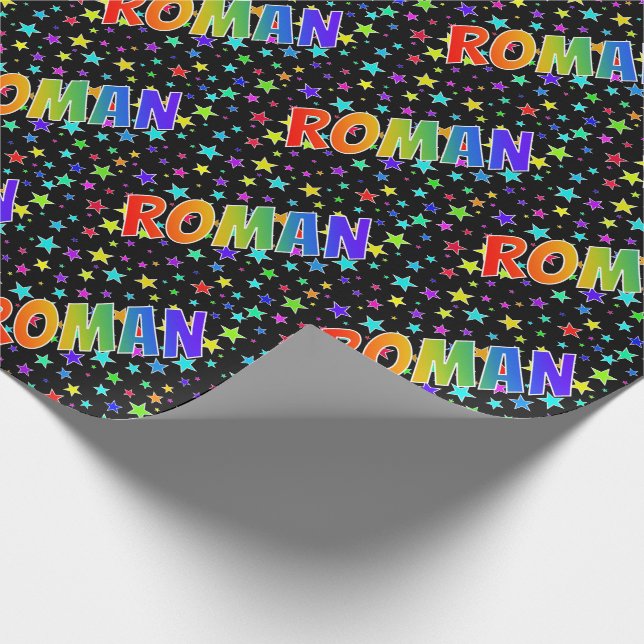 Rainbow First Name "ROMAN" + Stars Wrapping Paper (Corner)