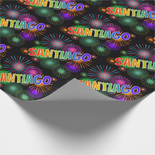 Rainbow First Name "SANTIAGO" + Fireworks Wrapping Paper (Corner)
