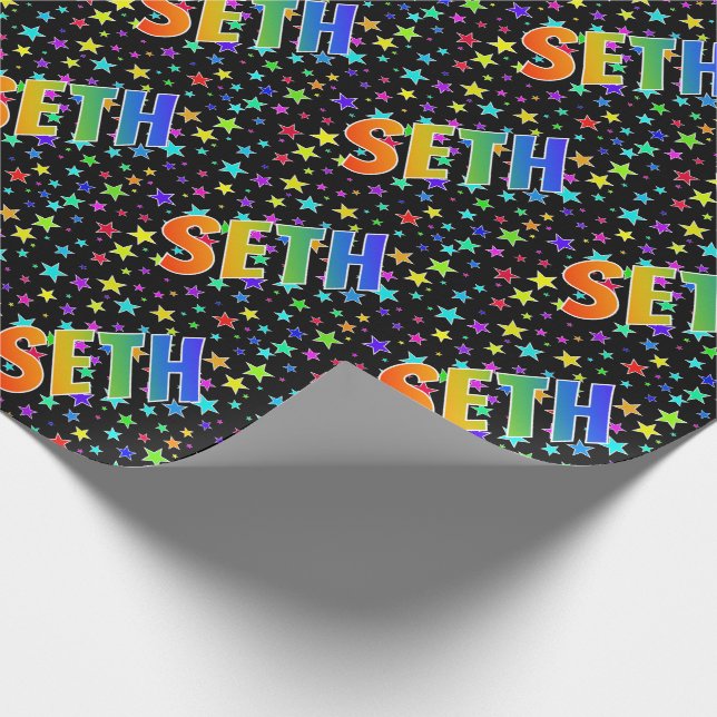 Rainbow First Name "SETH" + Stars Wrapping Paper (Corner)