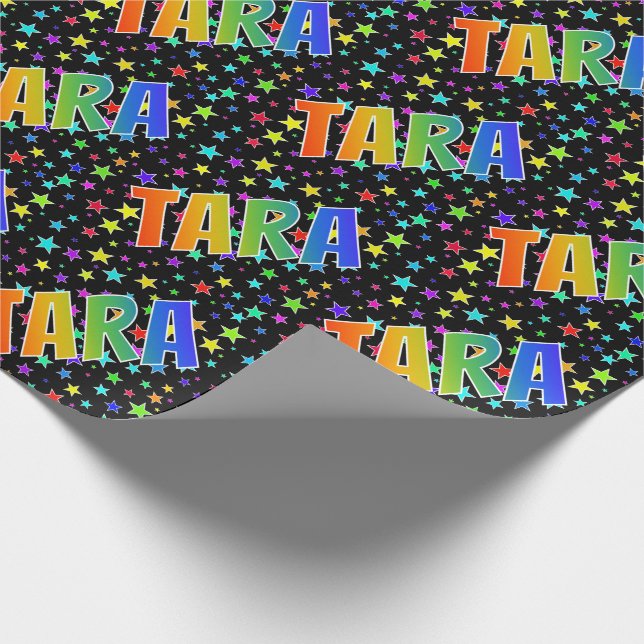 Rainbow First Name "TARA" + Stars Wrapping Paper (Corner)