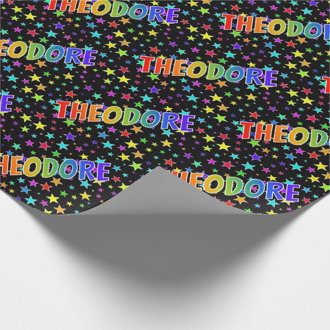 Rainbow First Name "THEODORE" + Stars Wrapping Paper (Corner)