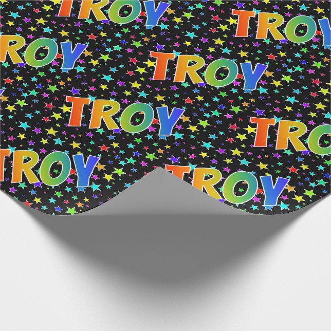Rainbow First Name "TROY" + Stars Wrapping Paper (Corner)