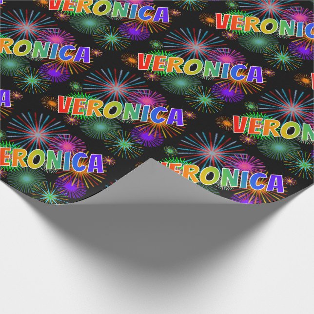 Rainbow First Name "VERONICA" + Fireworks Wrapping Paper (Corner)
