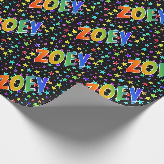 Rainbow First Name "ZOEY" + Stars Wrapping Paper (Corner)