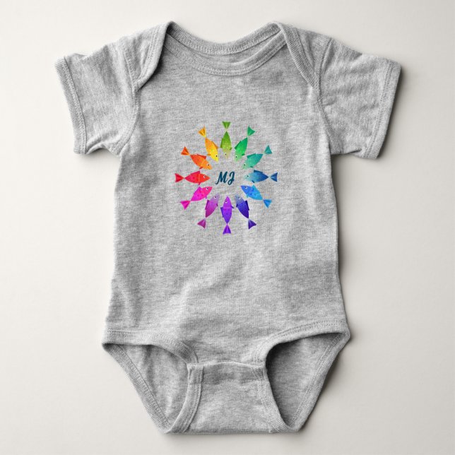 Rainbow fish in ocean cute colorful pattern baby bodysuit (Front)
