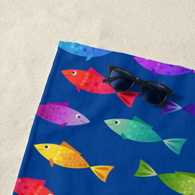 Rainbow fish in ocean cute colorful pattern beach towel (In Situ)