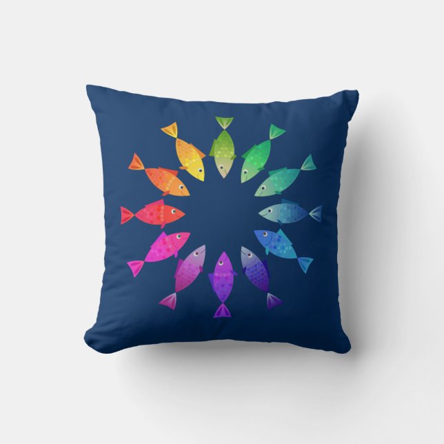 Rainbow fish in ocean cute colorful pattern throw pillow (Front)