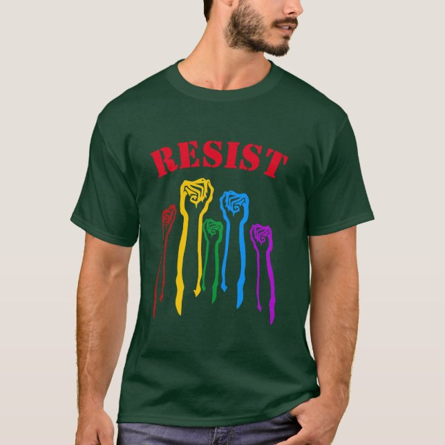 Rainbow Fists Gay Pride Protest RESIST T-Shirt (Front)