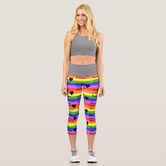 Rainbow Flag Black Lives Matter Text LGBTQ Capri Leggings (Front)
